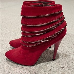 Red Suede Ankle Boots with Decorative Zipper Wraps - Women's
